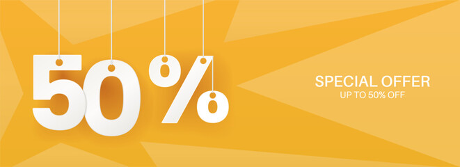 Wide yellow banner. 50 percent off banner.