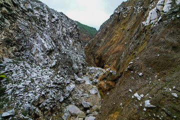 Beautiful nature view of the the Poas Volcano Canon, mountains and trial hick to the tourquoise waters with explorers