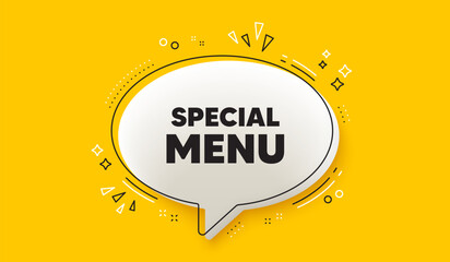 Special menu tag. 3d speech bubble yellow banner. Kitchen food offer. Restaurant menu. Special menu chat speech bubble message. Talk box infographics. Vector