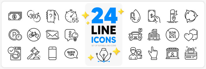 Icons set of No alcohol, Qr code and Click hand line icons pack for app with Bicycle prohibited, Washing machine, Timer thin outline icon. Lamp, 360 degree, Smartphone pictogram. Vector