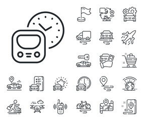 Subway time schedule sign. Plane, supply chain and place location outline icons. Metro line icon. Underground train railway symbol. Metro line sign. Taxi transport, rent a bike icon. Vector