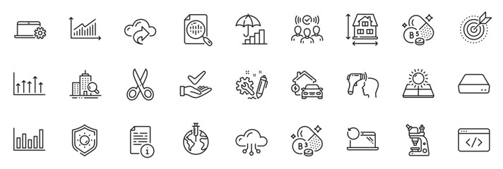 Icons pack as Cloud share, Manual and Home charging line icons for app include Pantothenic acid, Squad, Sun energy outline thin icon web set. Growth chart, Cloud computing, Cut pictogram. Vector