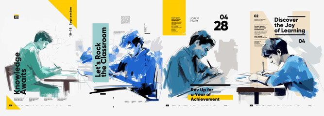 Back to School. First day of school. Set of vector illustrations. People are reading a book. Typography poster design and vectorized watercolor illustrations on a background. 