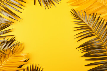 Fototapeta na wymiar Yellow background with palm leaves
