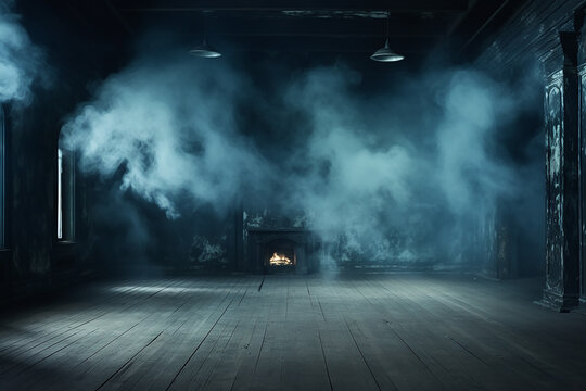 Empty room with a white light, smoke and smoke, in the style of dark and brooding