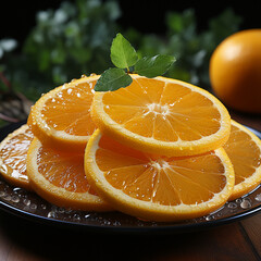 Fototapeta na wymiar closeup of a plate of sliced juicy orange