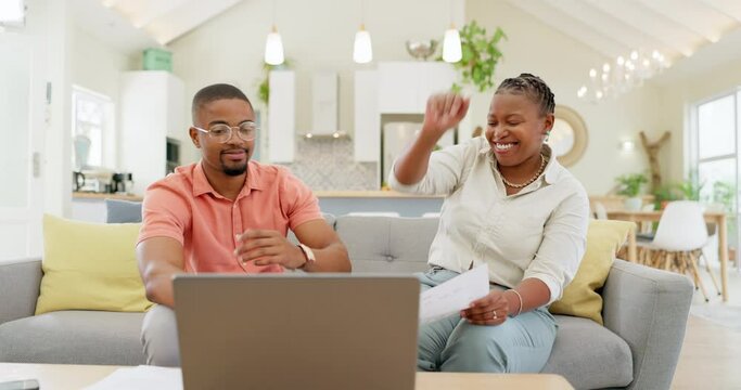 High five, celebration and black couple with laptop smile for approval of loan, payment and mortgage. Success, financial freedom from home debt and man and woman with good news, winning or insurance
