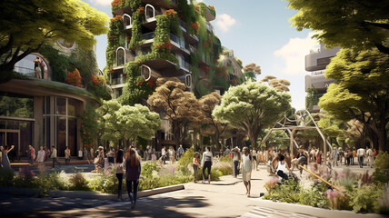 Biophilic urbanism concept, showcasing the integration of natural elements within urban environments. The necessity of creating sustainable, green spaces amidst urban development - obrazy, fototapety, plakaty