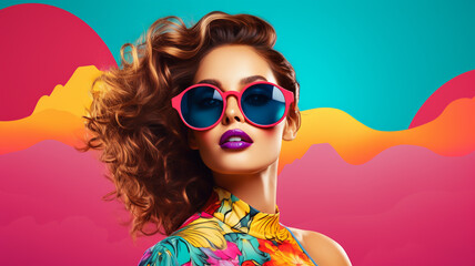 Pop art fashion woman with trendy sunglasses. Retro style poster collage. Digital Illustration - obrazy, fototapety, plakaty