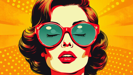 Pop art fashion woman with trendy sunglasses. Retro style poster collage. Digital Illustration
