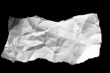 Old white paper. Piece of sheet. Fragment of paper packaging isolated. Crumpled torn sheet. Dilapidated wrinkled material. Crumpled white paper on black background. Template for your design.