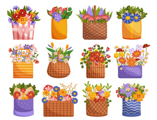 Fototapeta na wymiar Set Of Delightful Arrangement Of Fresh Flowers In A Charming Baskets, Perfect For Gifting Or Brightening Up Any Space