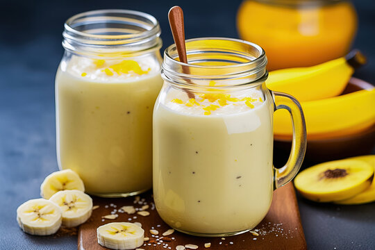 Breakfast smoothie from bananas in glass jars. Generative AI.
