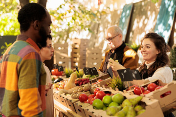 Young multiracial couple man and woman buying fresh organic produce at farmers market. Smiling...