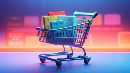 Illustration of shopping cart and laptop, soft blue background, online stores concept © Visual Studio