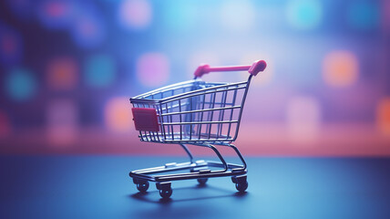 Illustration of shopping cart and laptop, soft blue background, online stores concept