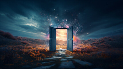 Light shining trough open door in field landscape at night, concept of new goals and progress - obrazy, fototapety, plakaty