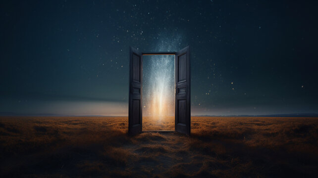 Light shining trough open door in field landscape at night, concept of new goals and progress