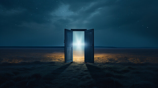 Light shining trough open door in field landscape at day, concept of new goals and progress