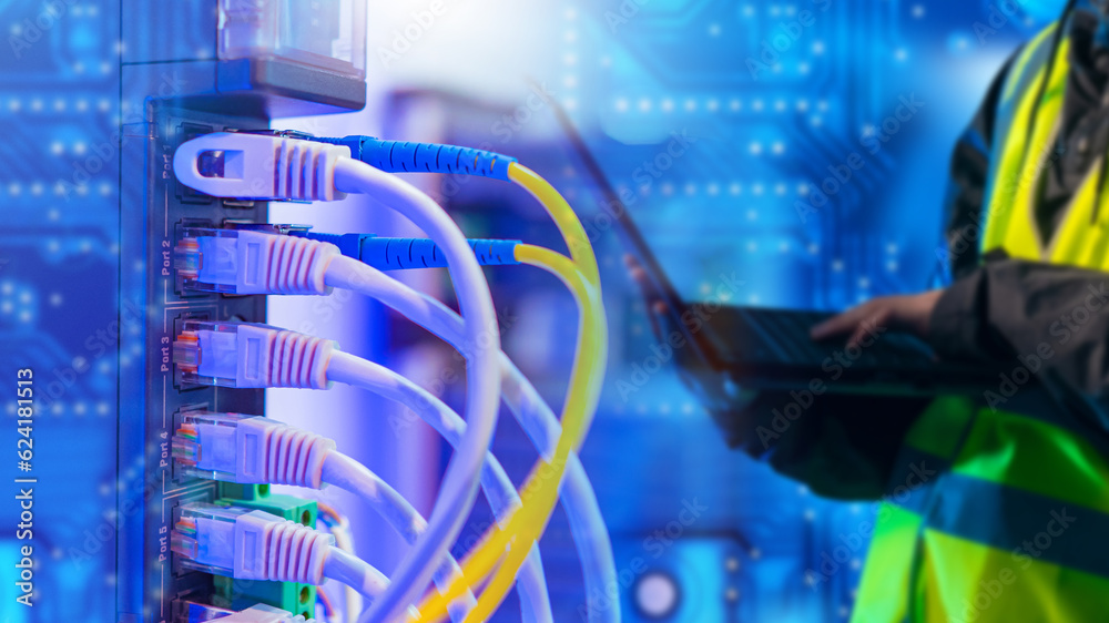 Poster network infrastructure. hands of man with laptop. system administrator sets up equipment. network ha