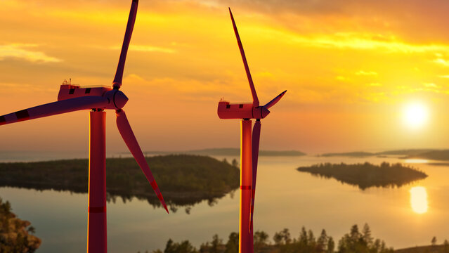 Wind turbines. Windmills at sunset. Offshore power plant. Wind turbines near lake. Giant fans to generate electricity. Offshore wind turbines. Extraction of green fuel. Sustainable energy. 3d image