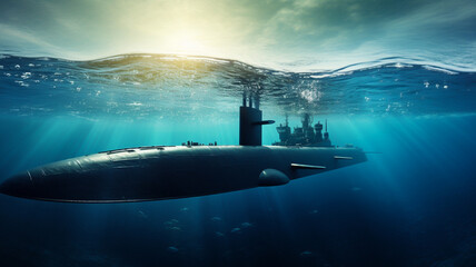 Generic military nuclear submarine floating in the middle of the ocean with a fighter jet in the background, wide poster design with copy space area