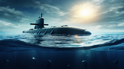 Generic military nuclear submarine floating in the middle of the ocean with a fighter jet in the background, wide poster design with copy space area - obrazy, fototapety, plakaty