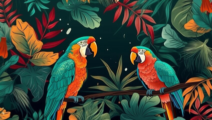 A pair of parrots on a background of tropical leaves and flowers.Generative AI technology.