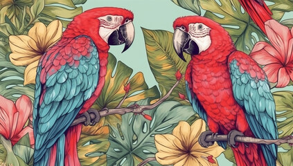 Fototapeta premium A pair of parrots on a background of tropical leaves and flowers.Generative AI technology.