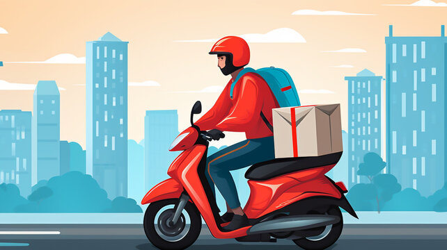 Delivery motorbike or scooter driver with courier box on back, wide frame background banner with copyspace area
