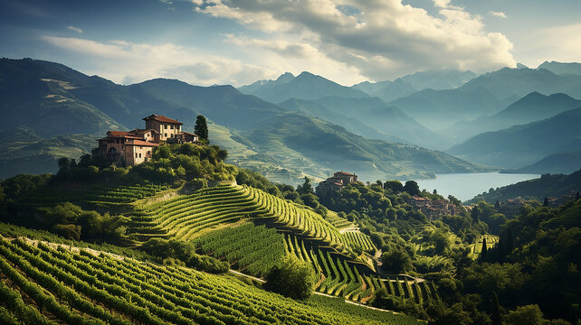 veduta di vigneti nella campagna toscana del chianti, colline di vitigni e casolari , cielo con qualche nuvola