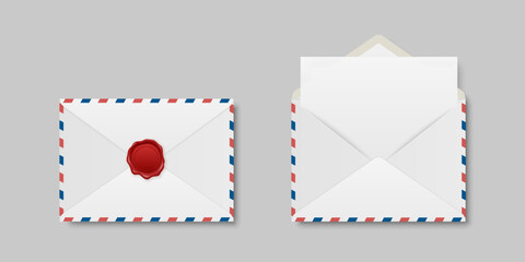 Vector Envelopes with Red Wax Seal and Blank Letter. Folded, Unfolded Isolated Envelope Set in Top View. Design Templat. Message, Notification, Mailing, Surprise and Congratulations Concept