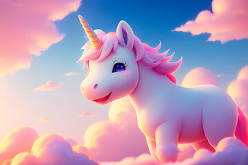 Smiling adorable unicorn in cartoon style in the sky with fluffy clouds.