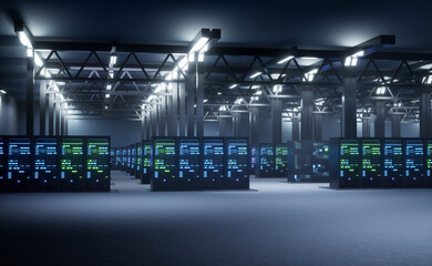 Critical components IT infrastructure helping businesses perform important tasks such as managing databases, hosting websites and storing files. Blade servers in empty data center, 3D render animation