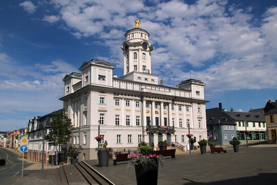 Zeulenroda-Triebes, Germany - July 15, 2023: Neoclassical building of the town hall of Zeulenroda, built in 1827. Zeulenroda is a town in the district of Greiz in Thuringia.