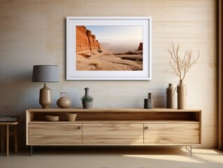 Desert Elegance: AI-Generated Mockup of Minimalist Interior with E-Frame and Wall Art