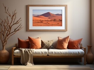 Desert Elegance: AI-Generated Mockup of Minimalist Interior with E-Frame and Wall Art