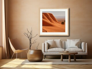 Desert Elegance: AI-Generated Mockup of Minimalist Interior with E-Frame and Wall Art