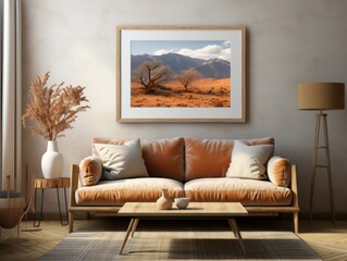 Desert Elegance: AI-Generated Mockup of Minimalist Interior with E-Frame and Wall Art