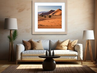 Desert Elegance: AI-Generated Mockup of Minimalist Interior with E-Frame and Wall Art