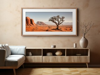 Desert Elegance: AI-Generated Mockup of Minimalist Interior with E-Frame and Wall Art