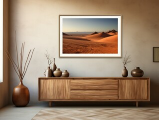 Fototapeta na wymiar Desert Elegance: AI-Generated Mockup of Minimalist Interior with E-Frame and Wall Art