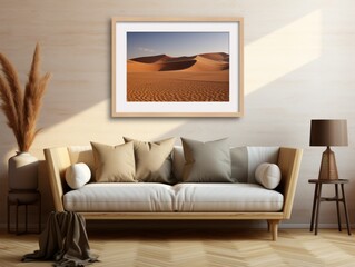 Desert Elegance: AI-Generated Mockup of Minimalist Interior with E-Frame and Wall Art