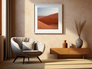 Desert Elegance: AI-Generated Mockup of Minimalist Interior with E-Frame and Wall Art