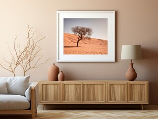 Desert Elegance: AI-Generated Mockup of Minimalist Interior with E-Frame and Wall Art