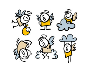 Set of cute angels from heaven on the clouds. Vector religion illustration of cupid with wings and halo.