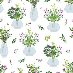 Seamless pattern with hand drawn bouquets of flowers in a glass vases on a white background.