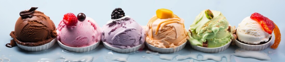 Banner of different types of colorful ice cream ball with different flavors generative ai