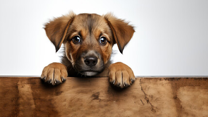 a little puppy put his paws on a wooden board, generative AI - 624186142