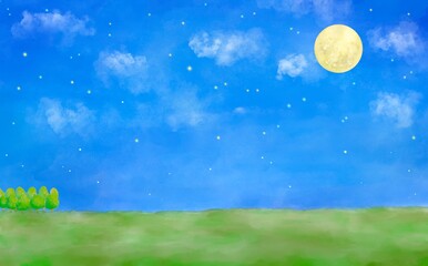 野原を照らす満月、雲、星空の水彩イラスト。